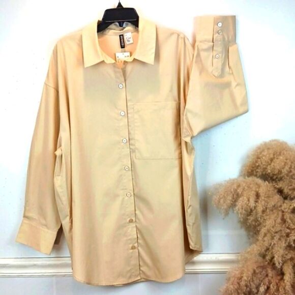 Womens oversized long-sleeve drop shoulders button-down beige shirt sz L Casual - Picture 1 of 7